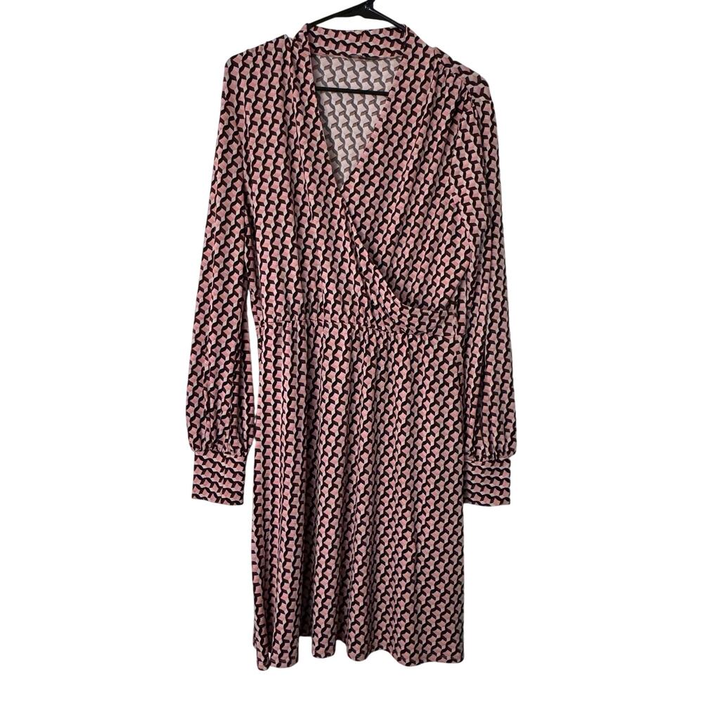 Adrianna Papell Geometric Long Sleeve‎ Wrap Dress 70s Style Size L
